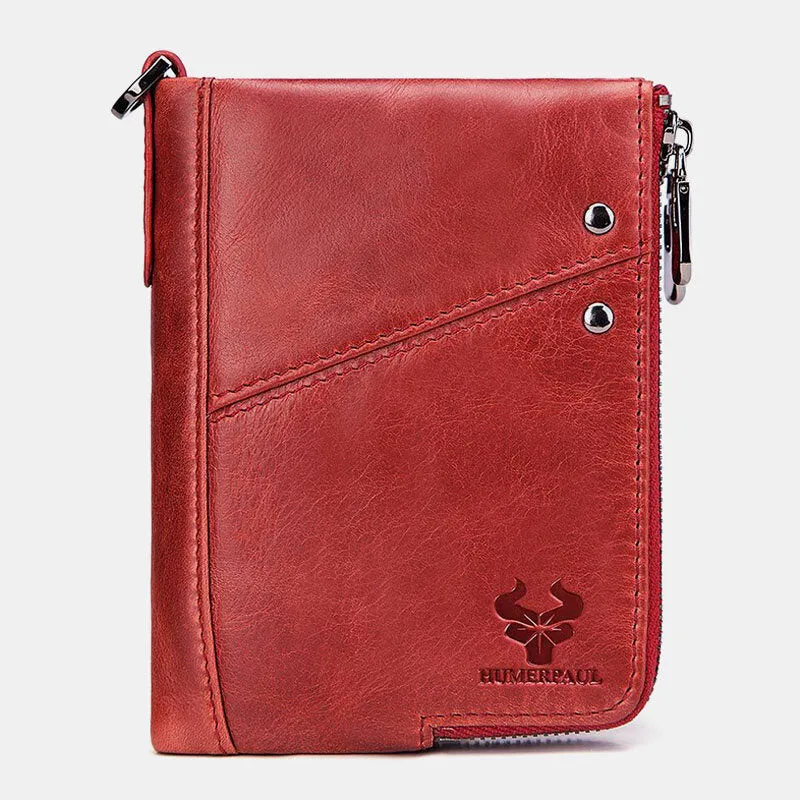 Men Vinatge Genuine Leather RFID Blocking Chain Zipper Coin Bag Wallet