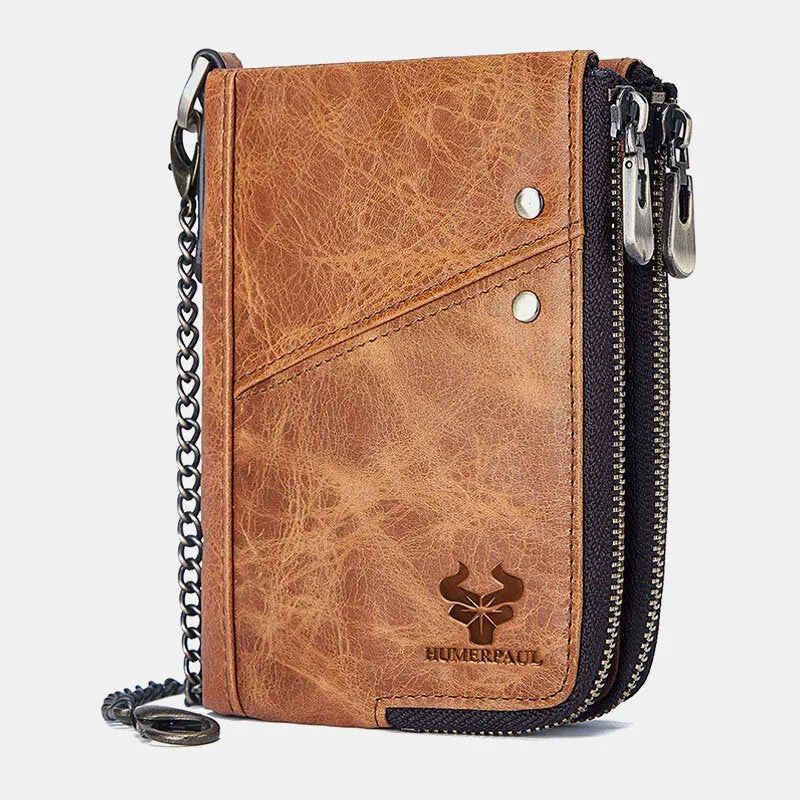 Men Vinatge Genuine Leather RFID Blocking Chain Zipper Coin Bag Wallet