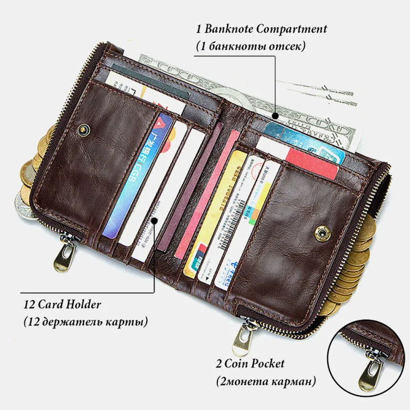 Men Vinatge Genuine Leather RFID Blocking Chain Zipper Coin Bag Wallet