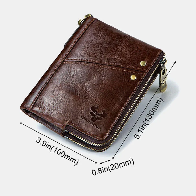 Men Vinatge Genuine Leather RFID Blocking Chain Zipper Coin Bag Wallet