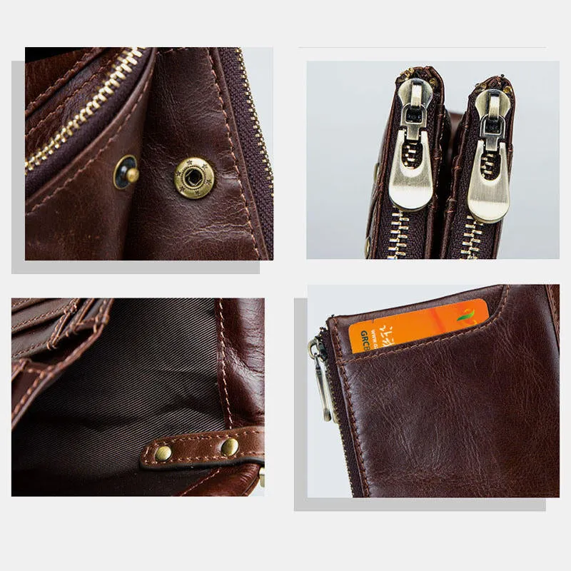 Men Vinatge Genuine Leather RFID Blocking Chain Zipper Coin Bag Wallet