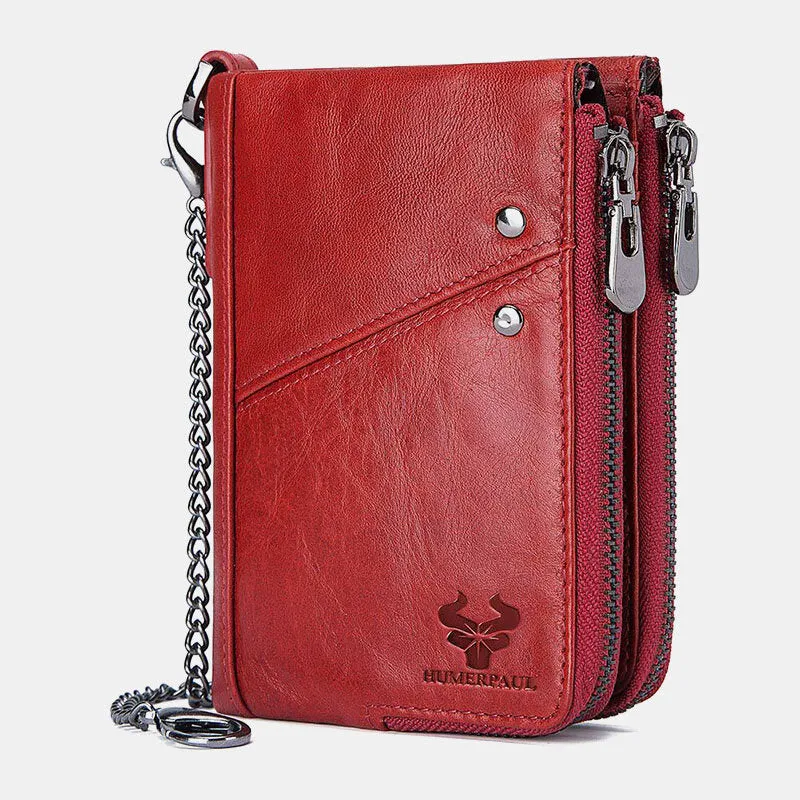 Men Vinatge Genuine Leather RFID Blocking Chain Zipper Coin Bag Wallet