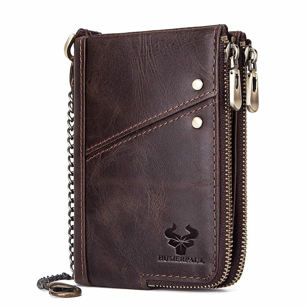 Men Vinatge Genuine Leather RFID Blocking Chain Zipper Coin Bag Wallet