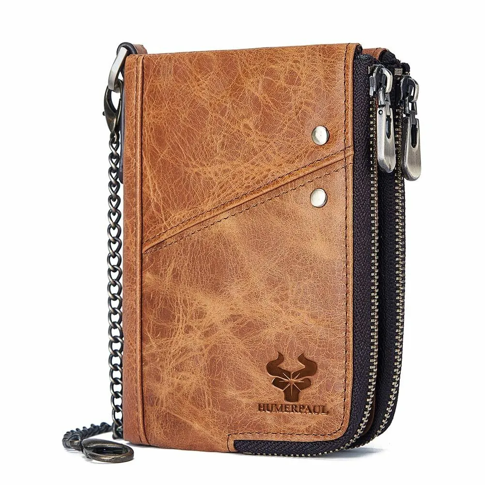Men Vinatge Genuine Leather RFID Blocking Chain Zipper Coin Bag Wallet