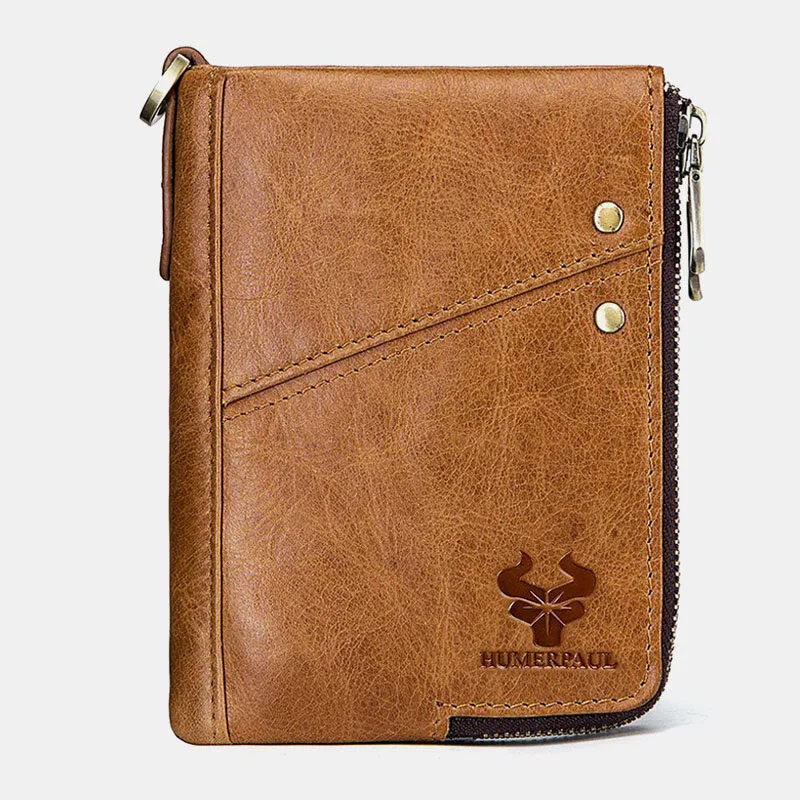 Men Vinatge Genuine Leather RFID Blocking Chain Zipper Coin Bag Wallet