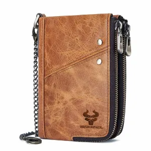 Men Vinatge Genuine Leather RFID Blocking Chain Zipper Coin Bag Wallet