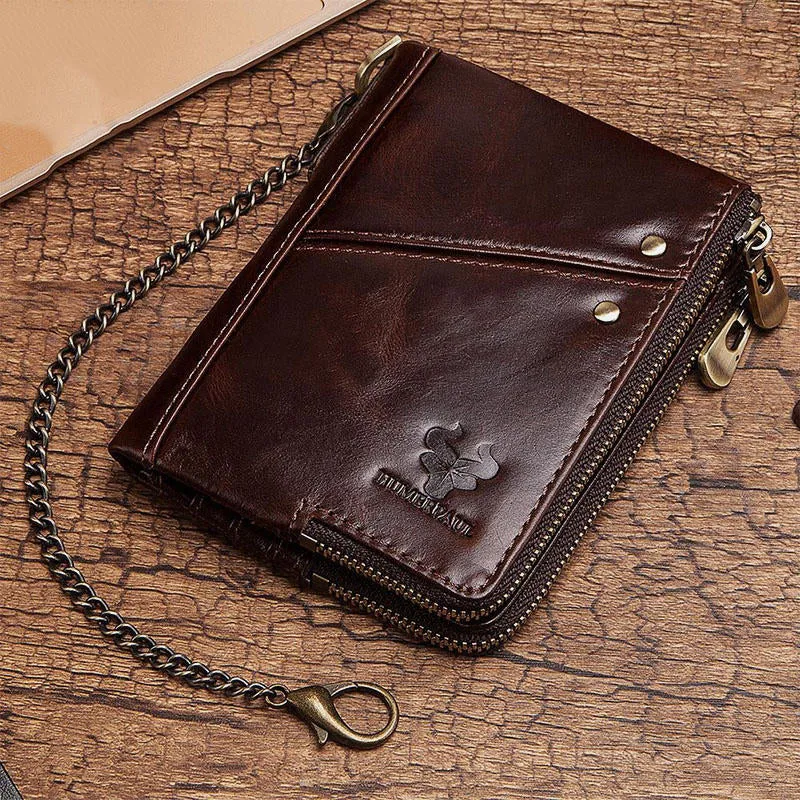 Men Vinatge Genuine Leather RFID Blocking Chain Zipper Coin Bag Wallet
