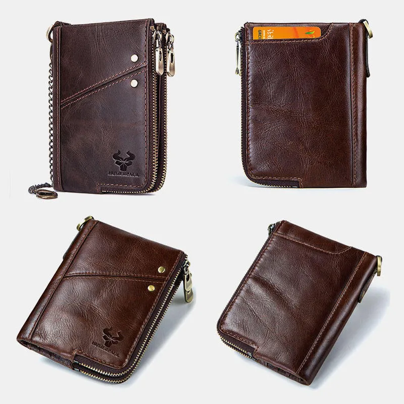 Men Vinatge Genuine Leather RFID Blocking Chain Zipper Coin Bag Wallet