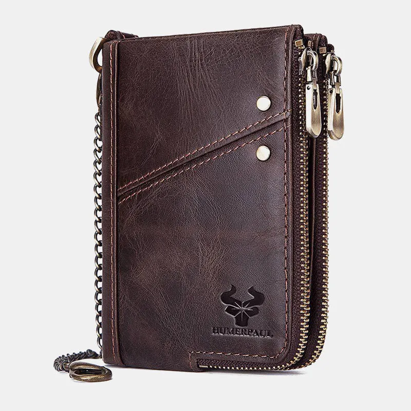 Men Vinatge Genuine Leather RFID Blocking Chain Zipper Coin Bag Wallet