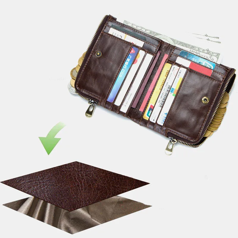 Men Vinatge Genuine Leather RFID Blocking Chain Zipper Coin Bag Wallet
