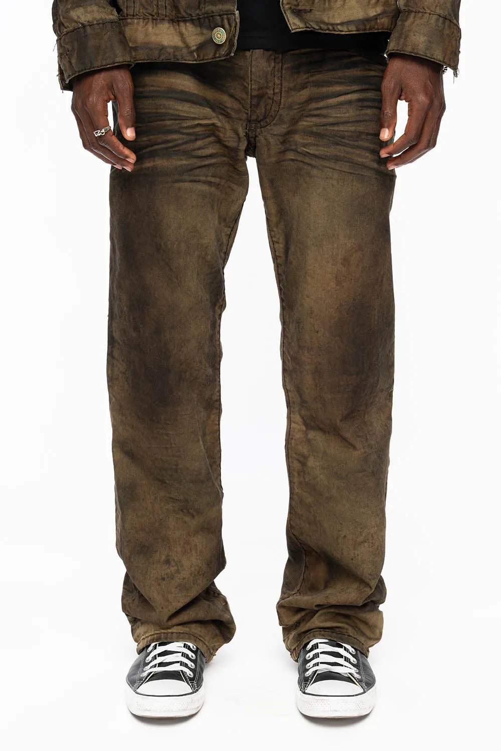 MENS LONG FLAP  BOOT CUT JEANS WITH CRYSTALS IN FASHION VINTAGE BROWN