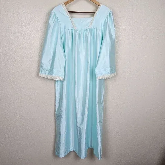Miss Elaine Vintage Blue Green Satin Nylon Maxi Nightgown Lace Floral Women L