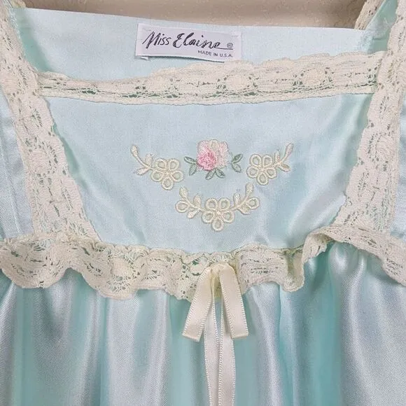 Miss Elaine Vintage Blue Green Satin Nylon Maxi Nightgown Lace Floral Women L