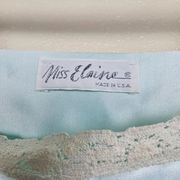 Miss Elaine Vintage Blue Green Satin Nylon Maxi Nightgown Lace Floral Women L