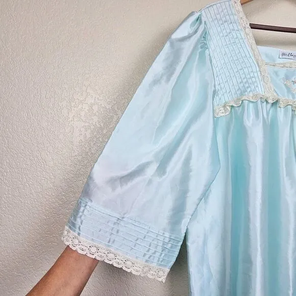 Miss Elaine Vintage Blue Green Satin Nylon Maxi Nightgown Lace Floral Women L