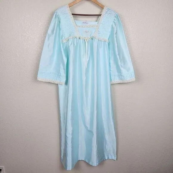 Miss Elaine Vintage Blue Green Satin Nylon Maxi Nightgown Lace Floral Women L