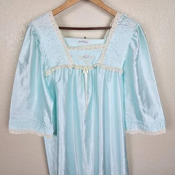 Miss Elaine Vintage Blue Green Satin Nylon Maxi Nightgown Lace Floral Women L