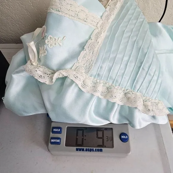 Miss Elaine Vintage Blue Green Satin Nylon Maxi Nightgown Lace Floral Women L