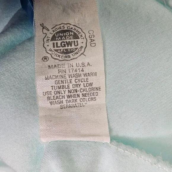 Miss Elaine Vintage Blue Green Satin Nylon Maxi Nightgown Lace Floral Women L