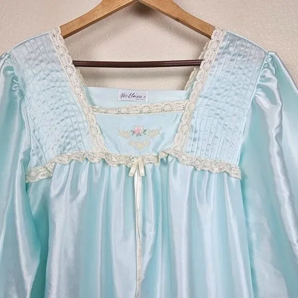 Miss Elaine Vintage Blue Green Satin Nylon Maxi Nightgown Lace Floral Women L