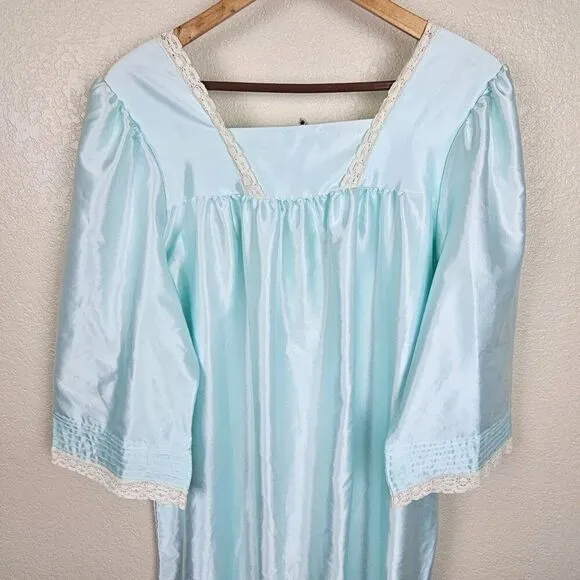 Miss Elaine Vintage Blue Green Satin Nylon Maxi Nightgown Lace Floral Women L