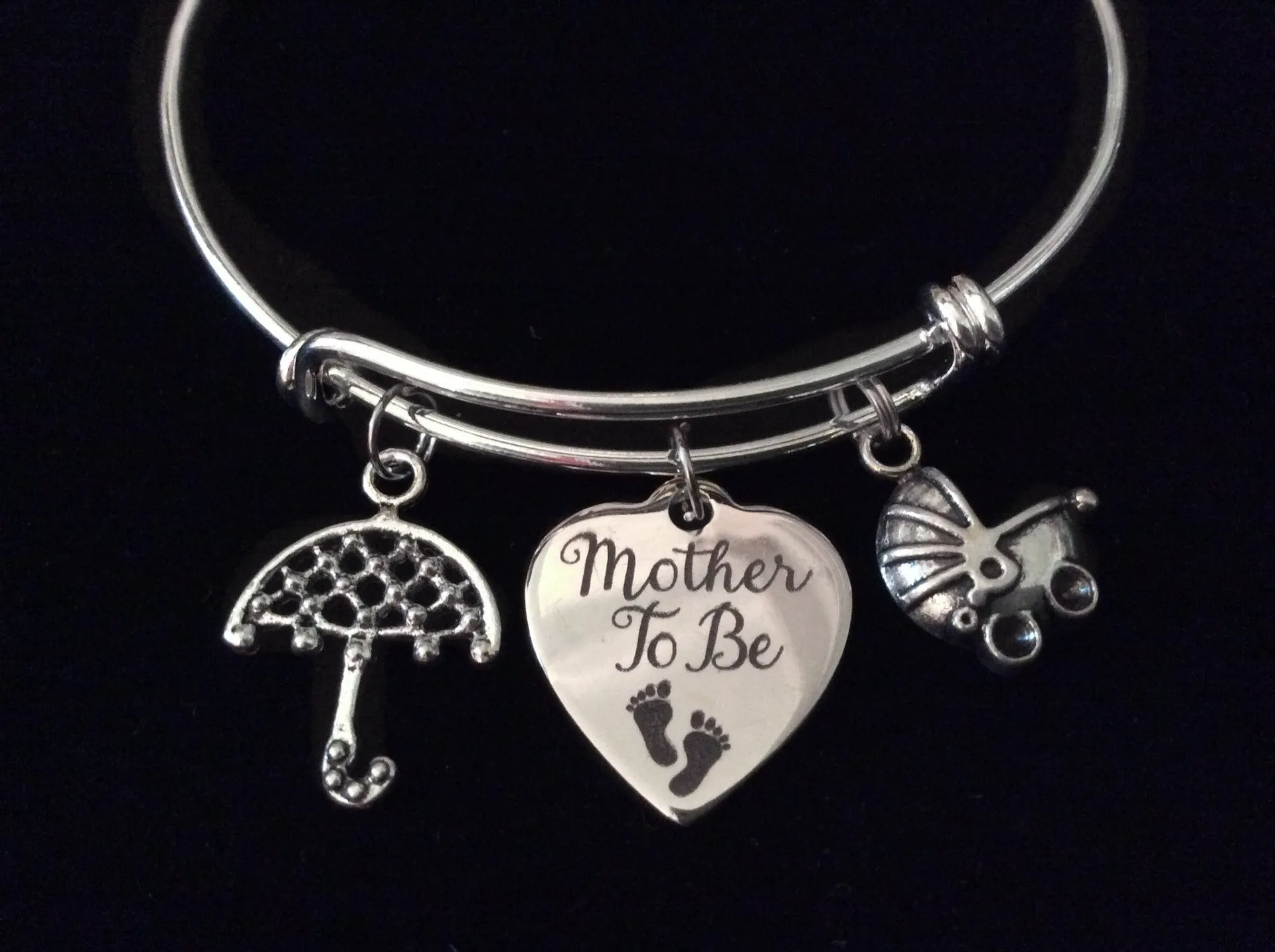 Mother to Be Umbrella Baby Carriage Silver Expandable Charm Bracelet Adjustable Wire Bangle New Mom Shower Gift