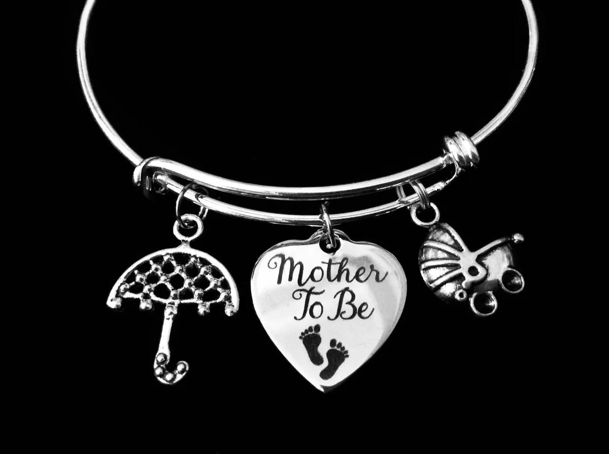 Mother to Be Umbrella Baby Carriage Silver Expandable Charm Bracelet Adjustable Wire Bangle New Mom Shower Gift
