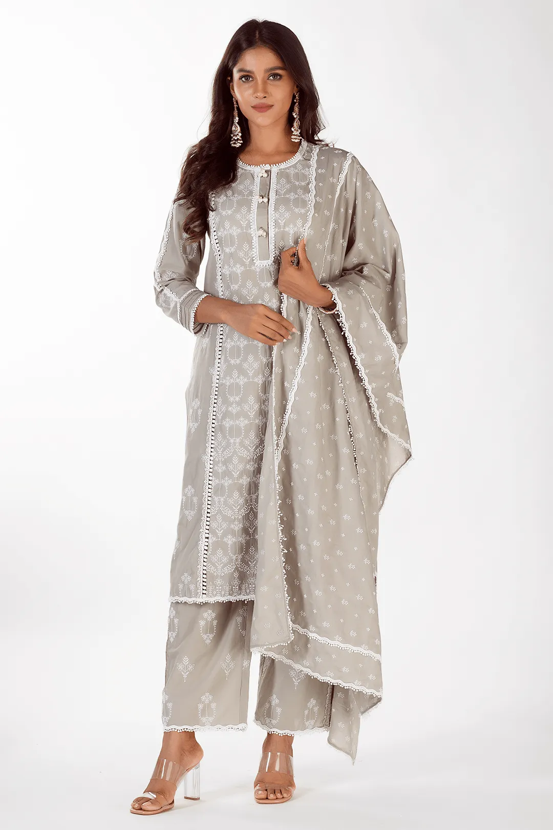 Mulmul Cotton Mae Grey Kurta With Mae Grey Pant