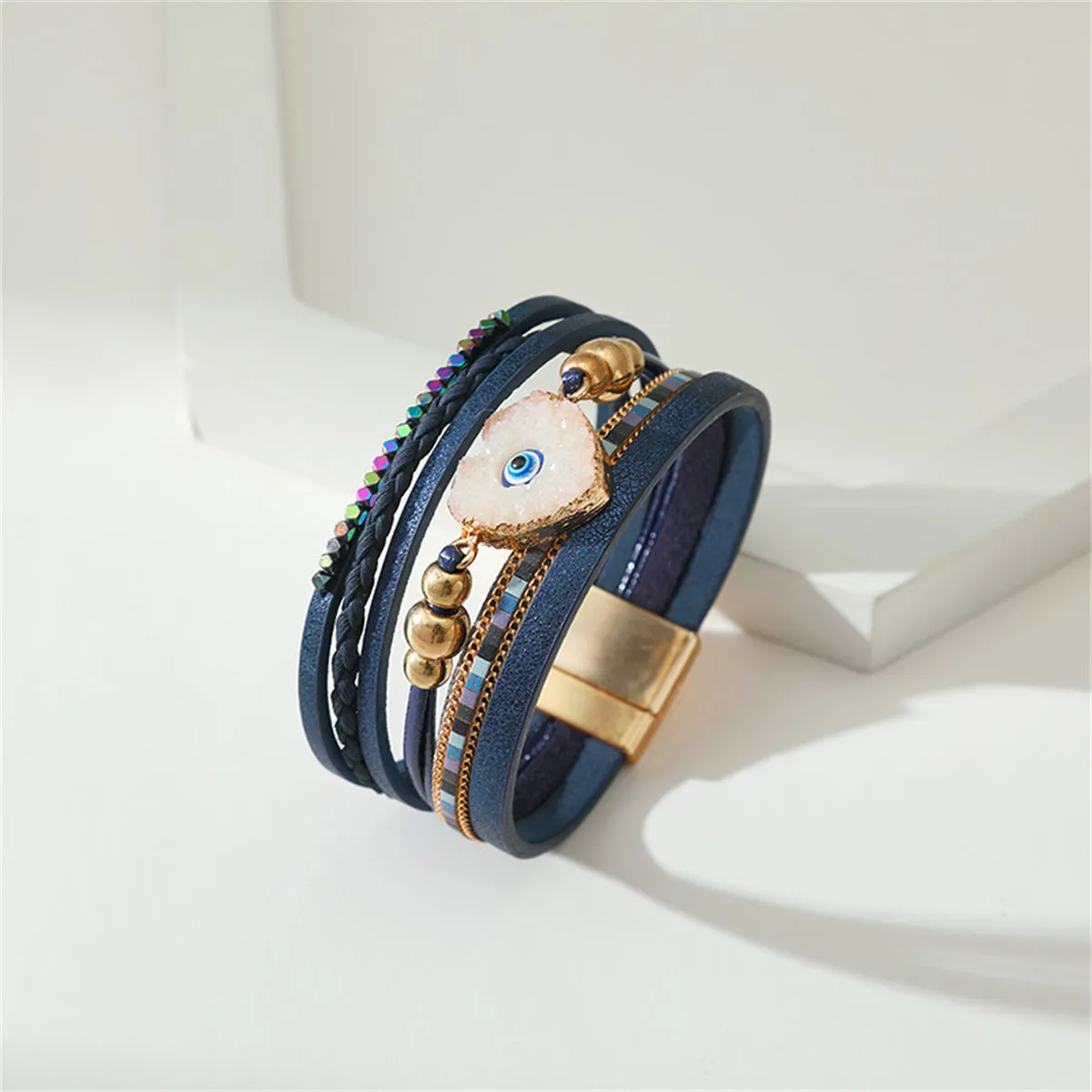 Navy Polystyrene & White Resin 18K Gold-Plated Evil Eye Hear Layered Bracelet