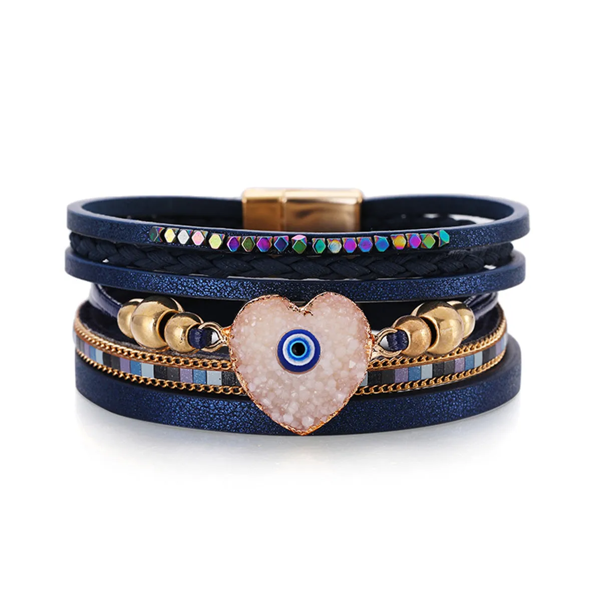 Navy Polystyrene & White Resin 18K Gold-Plated Evil Eye Hear Layered Bracelet