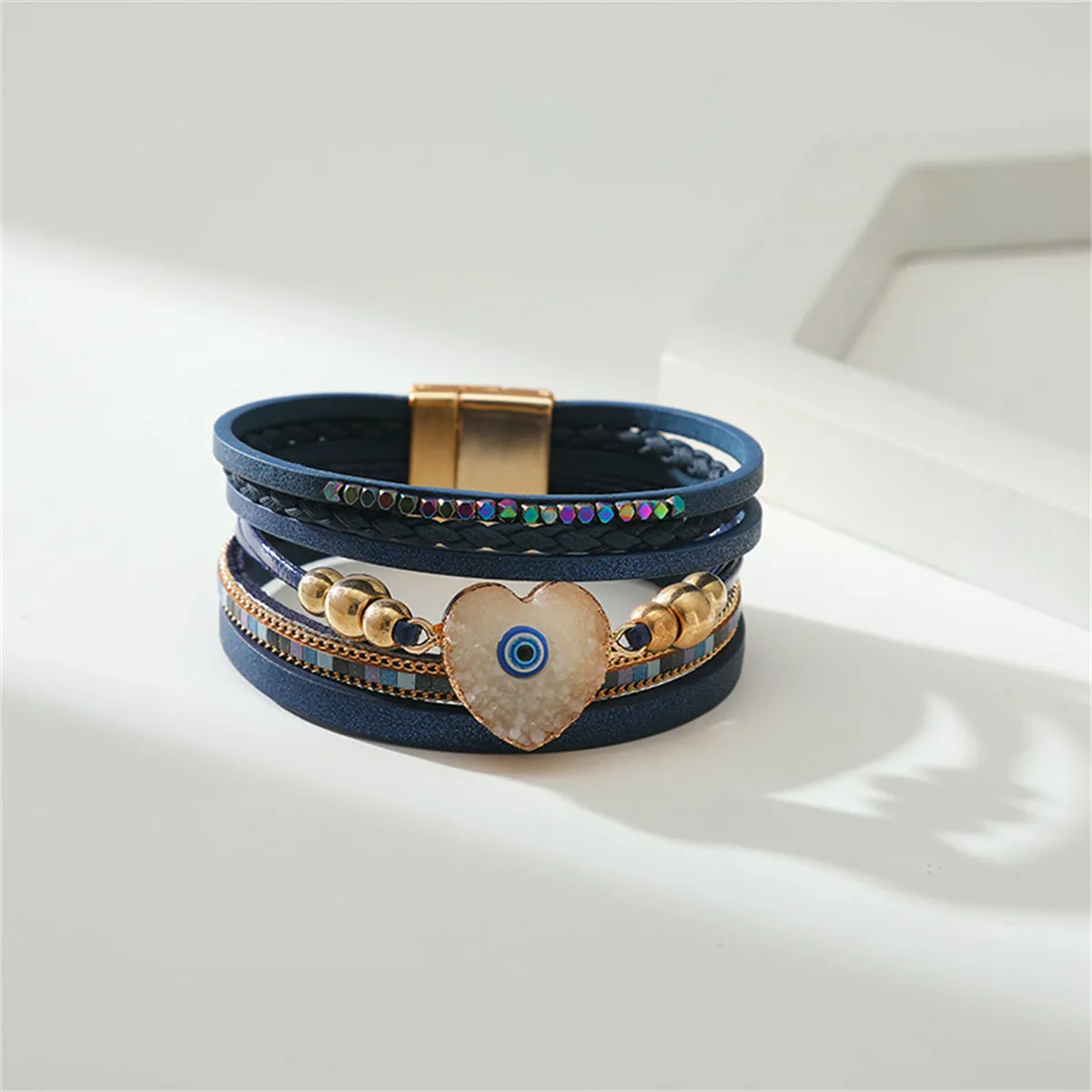 Navy Polystyrene & White Resin 18K Gold-Plated Evil Eye Hear Layered Bracelet