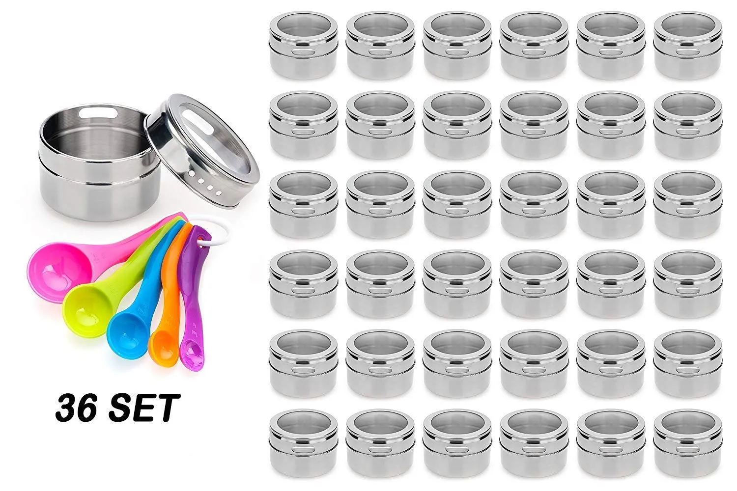 Nellam Stainless Steel Magnetic Spice Jars - Bonus Measuring Spoon Set - Airtight Kitchen Storage Containers - Stack on Fridge to Save Counter & Cupboard Space - 36pc Organizers in Silver