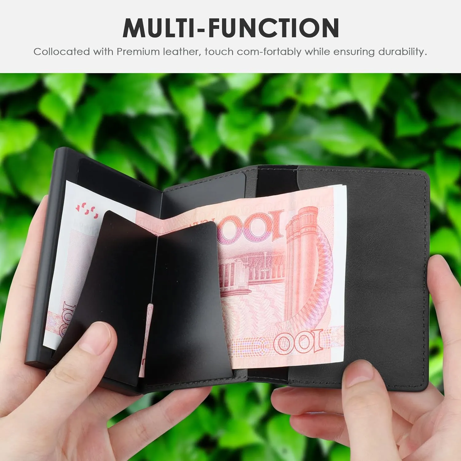 NEW AirTag Wallet Men's Credit Card Holder, Leather Card Wallet RFID Blocking Pop Up Metal Bank Card Case (Black)