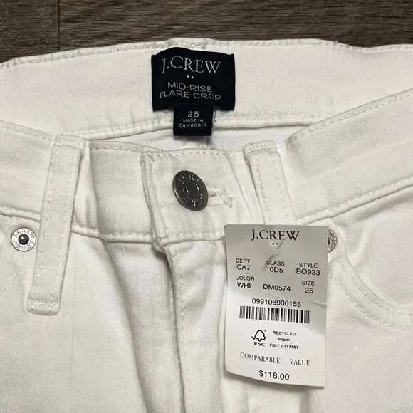 NEW J. Crew Raw Hem Flare Crop White Jean in Signature Stretch Size 25 NWT