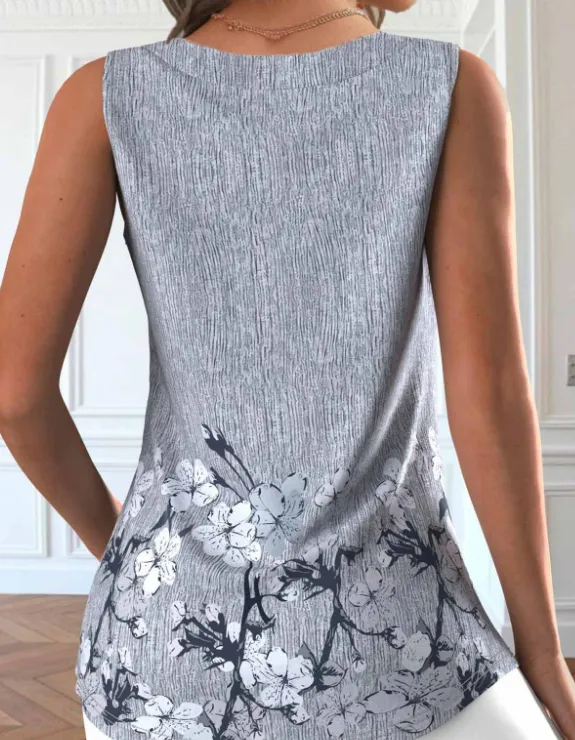 NEW MODLILY® Light Grey Marl Button Floral Print Sleeveless Tank Top, Sz XL, Retails $52