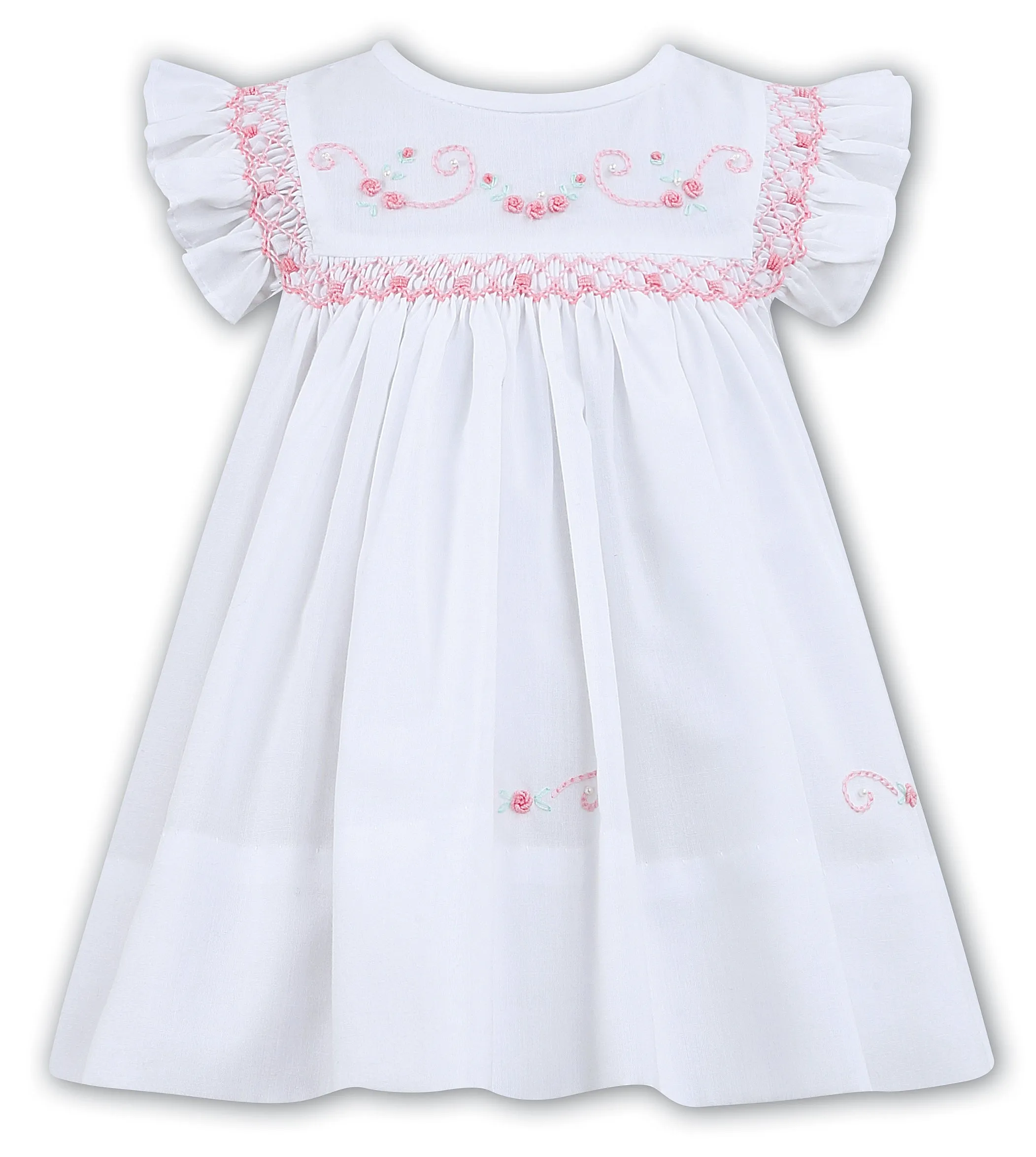 NEW SS25 Sarah Louise Girls Smocked Dress White/Pink C7101