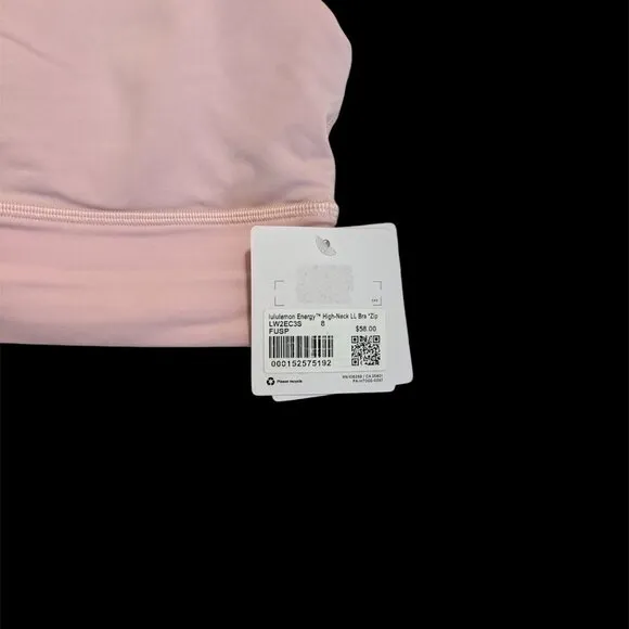 NWT, Lululemon, Women, Energy High Neck Bra with Zip, Sz 8, Soft Pink B - D Cups