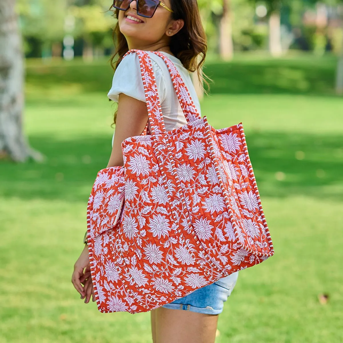Orange Botanicals Quilted Tote