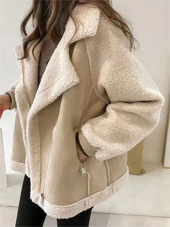 Oversize Warme Vegan Pelz Wildleder Patch Jacke