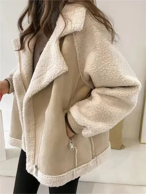 Oversize Warme Vegan Pelz Wildleder Patch Jacke