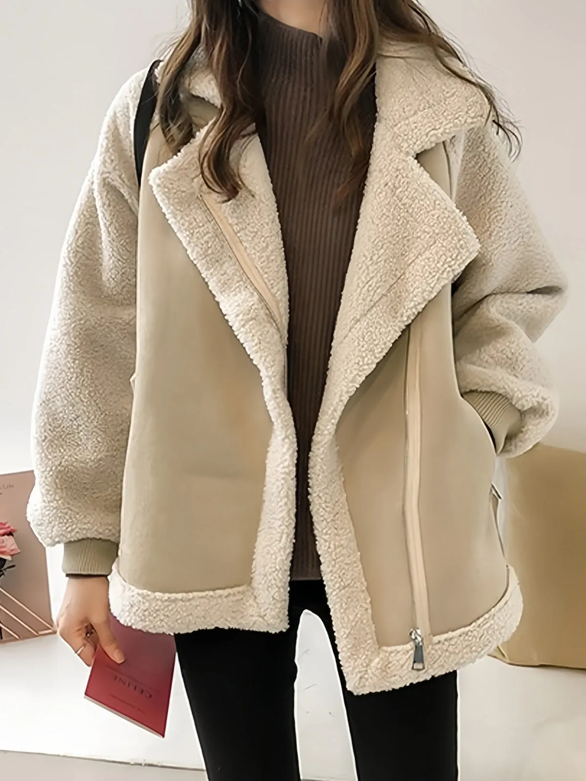 Oversize Warme Vegan Pelz Wildleder Patch Jacke