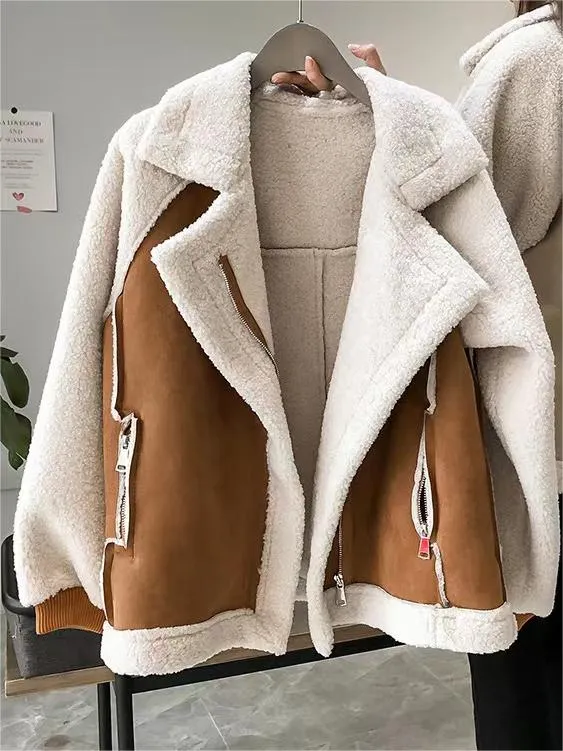 Oversize Warme Vegan Pelz Wildleder Patch Jacke
