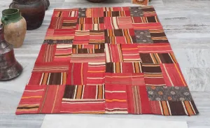 Patchwork Kilim Rug 5 x 2 ft Multicolor Boho Rustic Mosaic Turkish Rug for Entry Lounge or Kitchen, Handmade Wool Vintage Persian Floor Mat