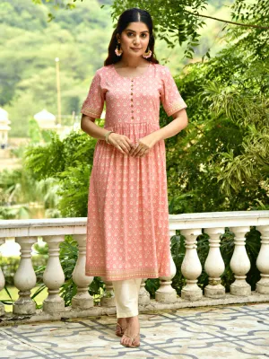 Peach Floral Print Rayon Kurta with Embroidery Border
