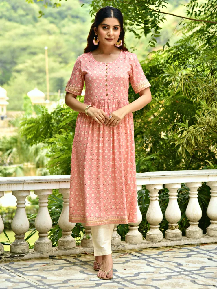 Peach Floral Print Rayon Kurta with Embroidery Border