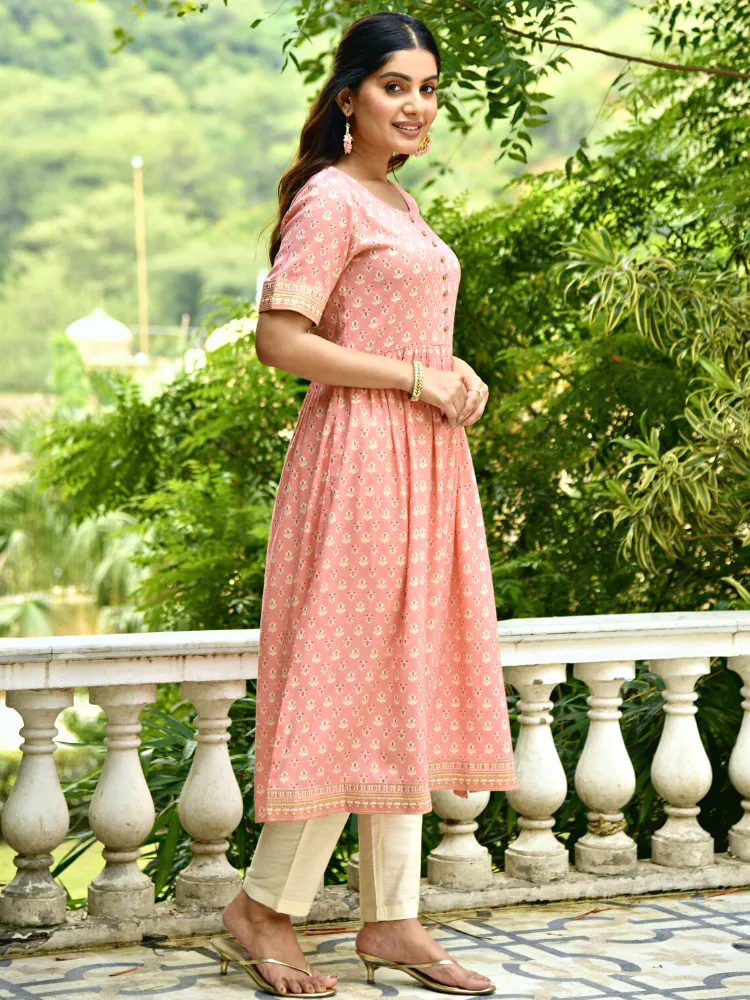 Peach Floral Print Rayon Kurta with Embroidery Border