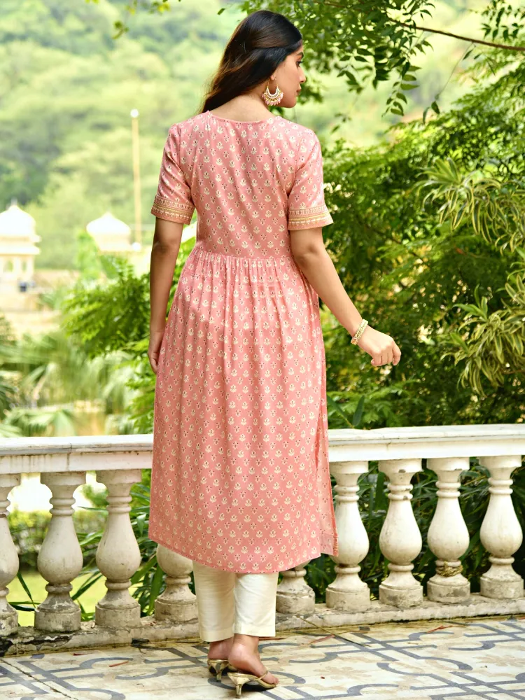 Peach Floral Print Rayon Kurta with Embroidery Border
