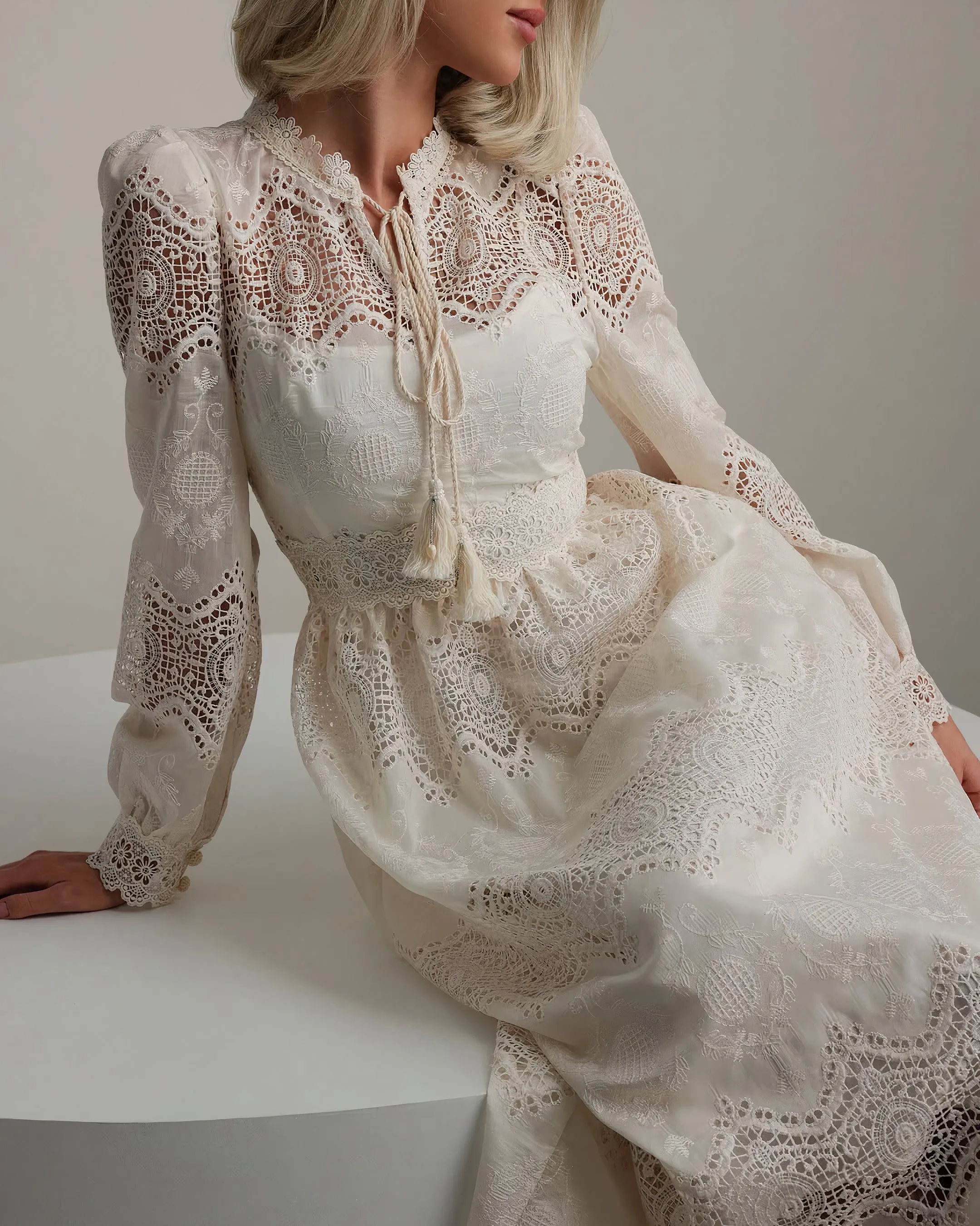 Pearl Embroidered Lace Midi Dress