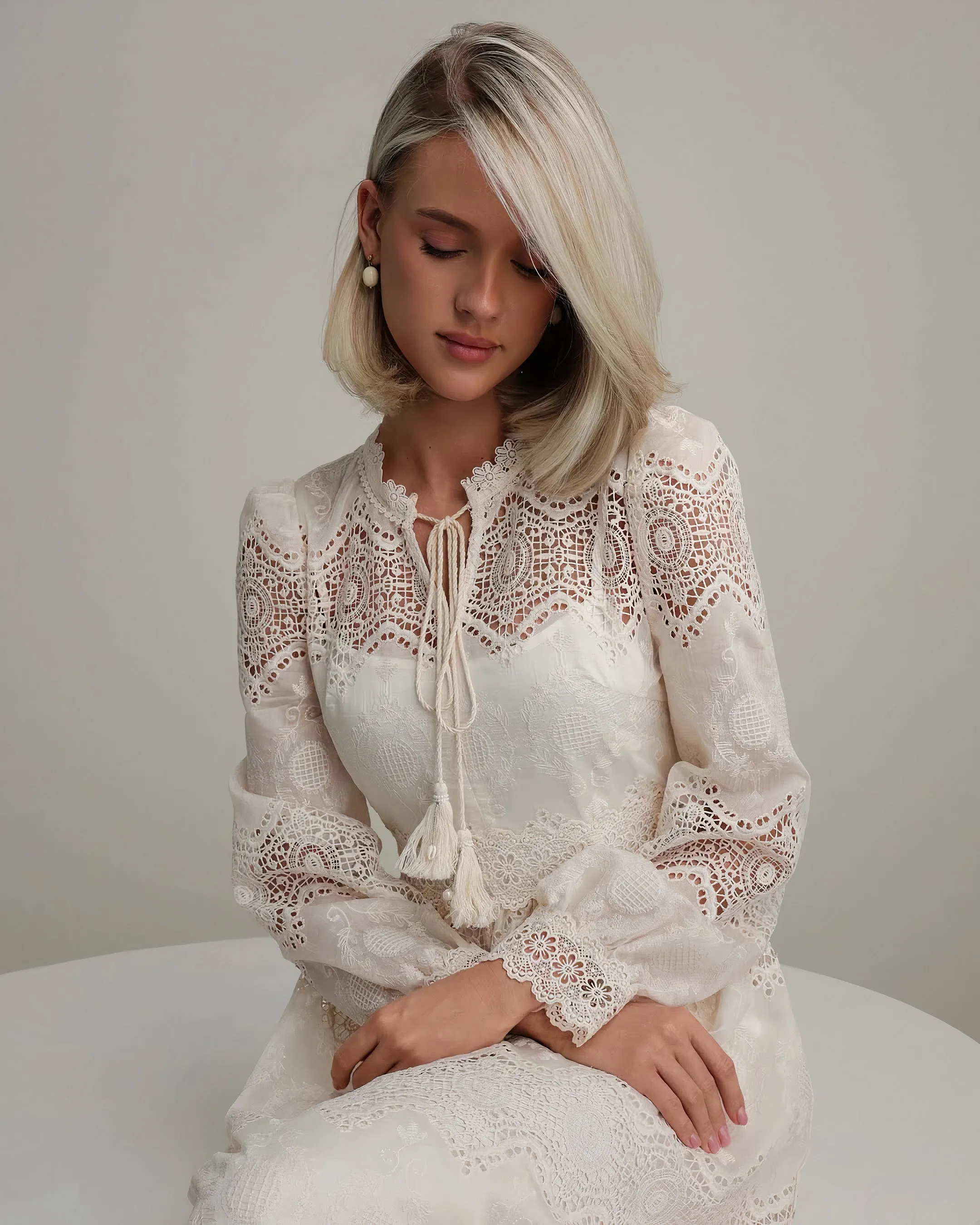 Pearl Embroidered Lace Midi Dress