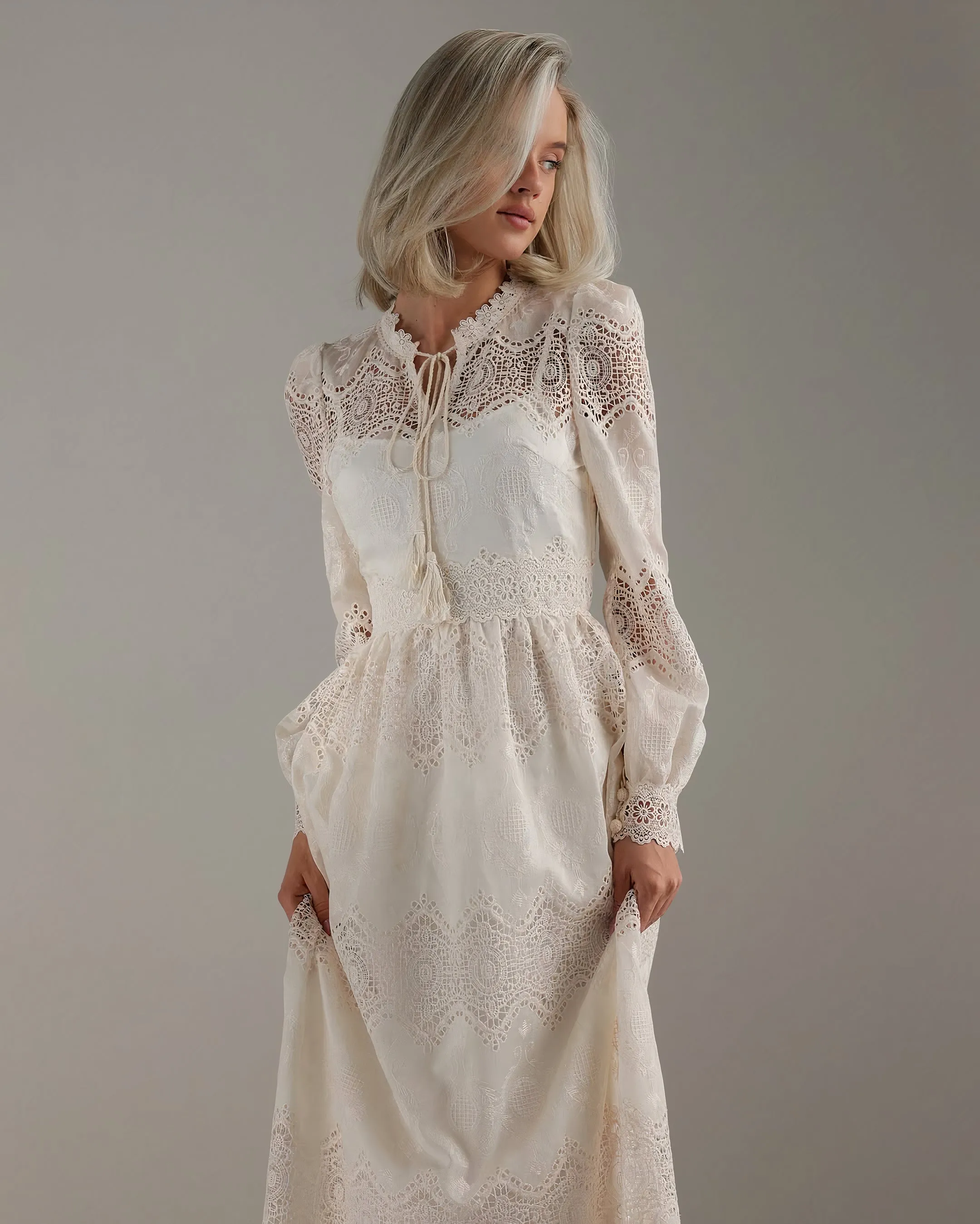 Pearl Embroidered Lace Midi Dress